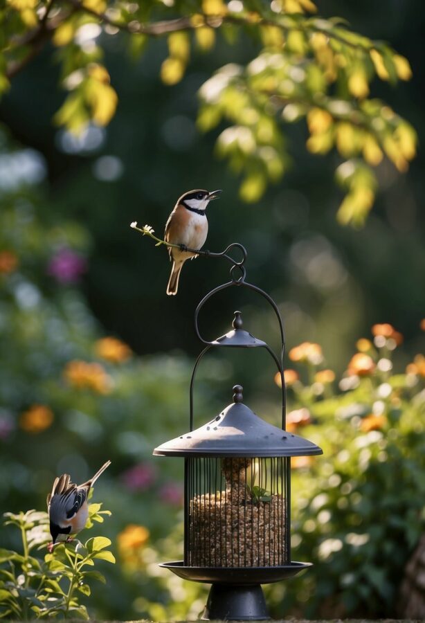 A small bird perched on a swirled metal stand above a bird feeder, with two other birds in flight and a backdrop of soft-focused greenery.