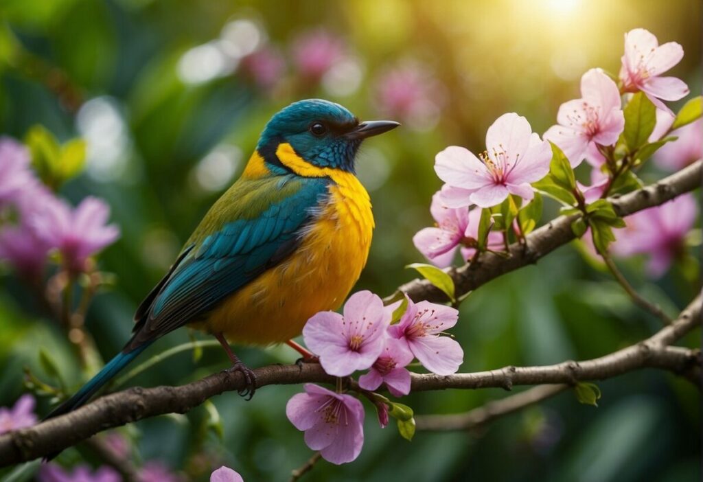 A colorful bird perched on a tree branch, surrounded by lush green foliage and flowers. The sun is shining, and the bird is in the midst of a peaceful natural setting