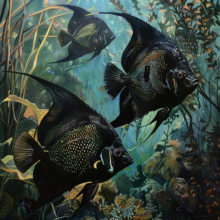 Black angelfish in diverse natural habitats.