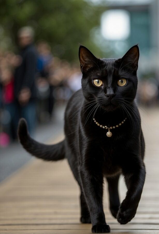 A sleek black cat adorned with a pearl necklace strides confidently down a wooden boardwalk