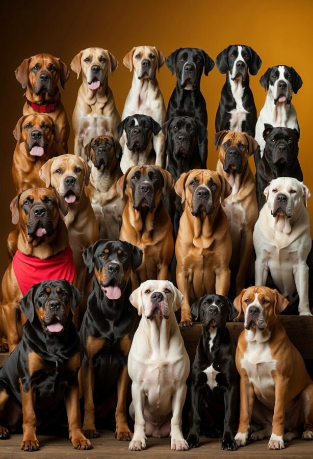 A series of portraits emphasizing the unique traits and majestic stance of different dog breeds, set against bold backgrounds.