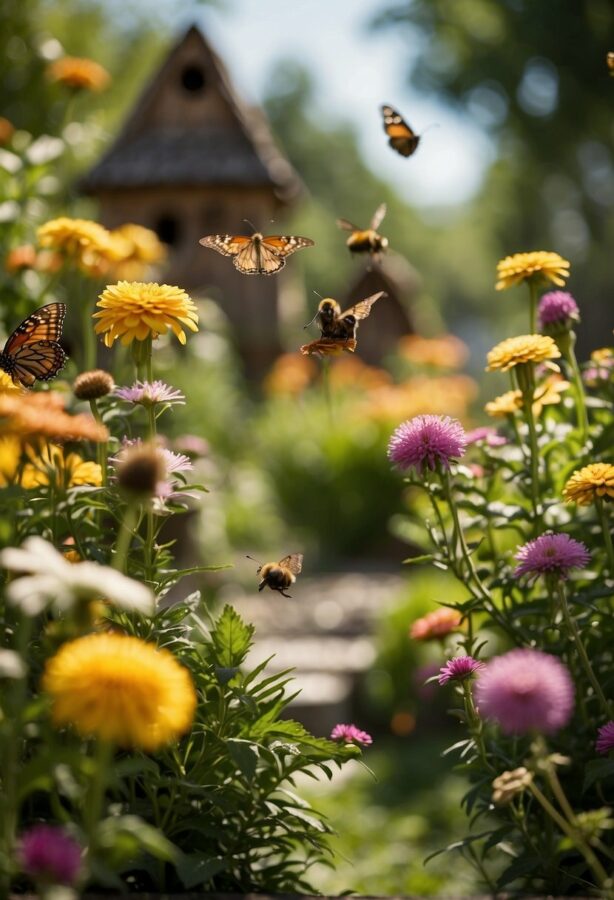 Multiple butterflies fluttering among bright yellow and pink flowers with a quaint wooden birdhouse in the soft-focused background.