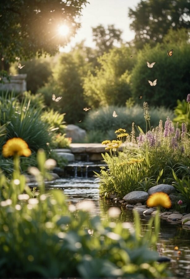 Butterflies dancing in the air in a garden setting, with the sun casting a warm glow over a stream and lush greenery.