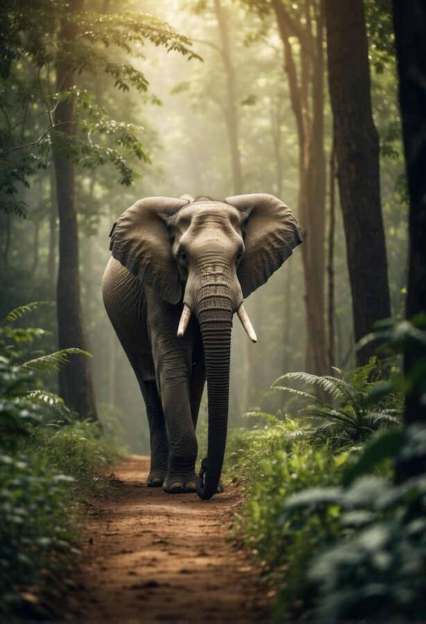 A lone elephant walking down a misty forest path, with light streaming through the trees above.