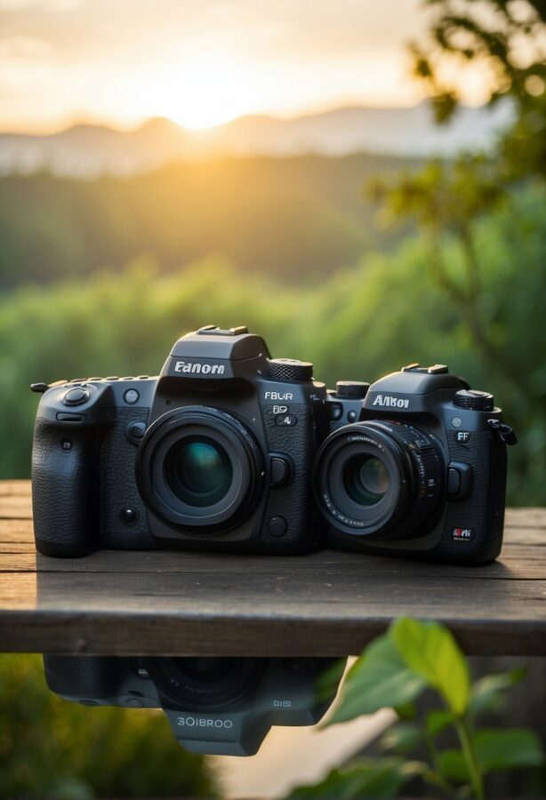 Two DSLR cameras are placed on a wooden surface with their reflections visible