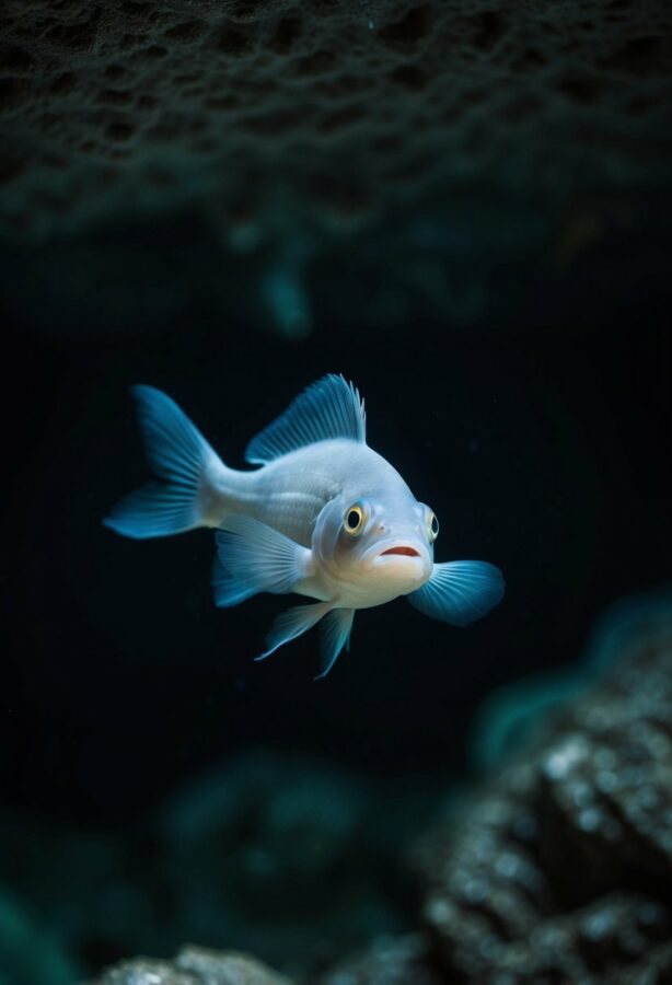 A blind cave fish swimming in a dark, underground cavern, with its pale, sightless eyes and translucent body adapted to its lightless environment
