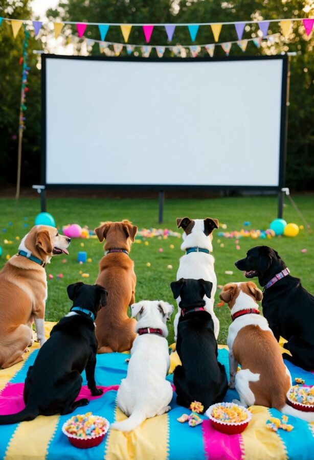 A group of dogs gather around a large outdoor movie screen, with colorful decorations and birthday treats scattered around the area