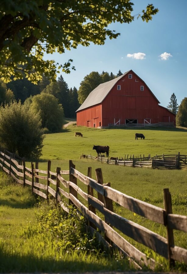 Vintage Animal Photo: A classic farm scene with a vibrant red barn nestled among verdant fields, where cows graze peacefully behind a rustic wooden fence.