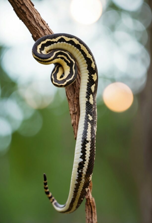 Graceful snake coiled on tree branch in natural habitat.