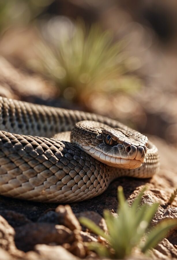 A group of rattlesnakes slithering through the dry, rocky terrain of West Texas, their scales glistening in the sunlight