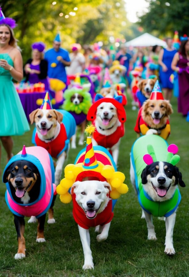 A colorful parade of costumed canines marches through a festive birthday party, showcasing creative and playful outfits