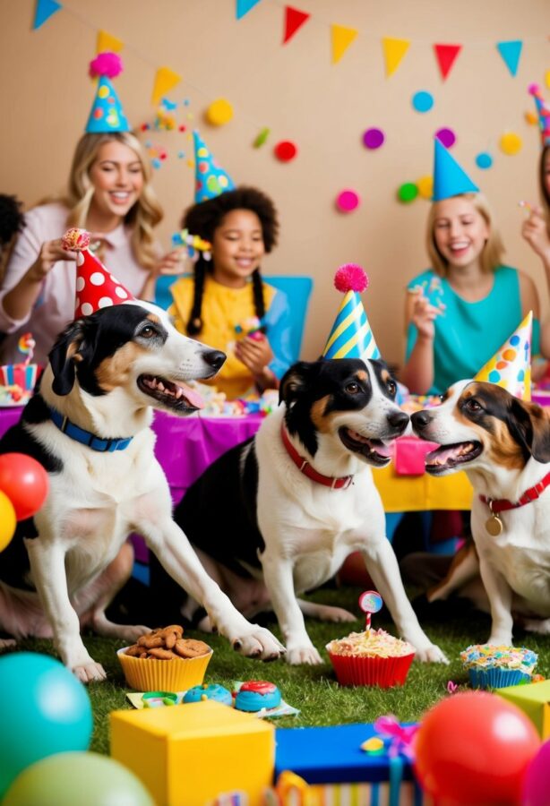 A group of dogs playfully interact at a birthday party, with various activities such as games, treats, and decorations in a lively and festive setting