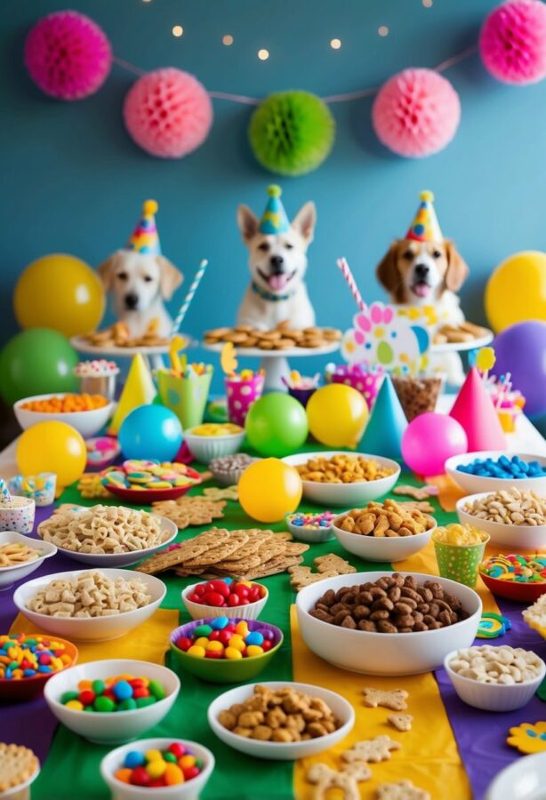 A colorful array of dog-friendly treats and decorations spread out on a table, with playful dog-themed party accessories in the background