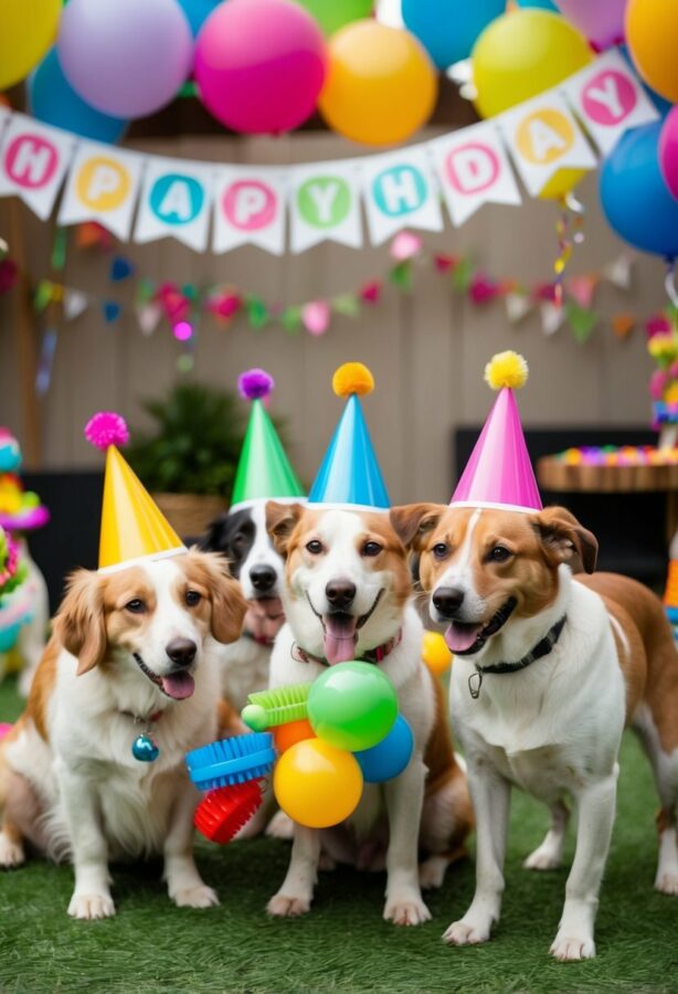 A group of dogs wearing party hats and playing with colorful toys in a decorated outdoor space with balloons and banners