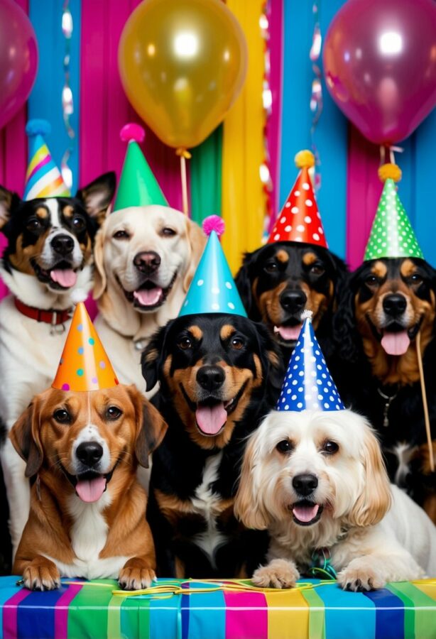 A group of dogs wearing party hats and posing in a colorful photo booth with props and a backdrop of balloons and streamers
