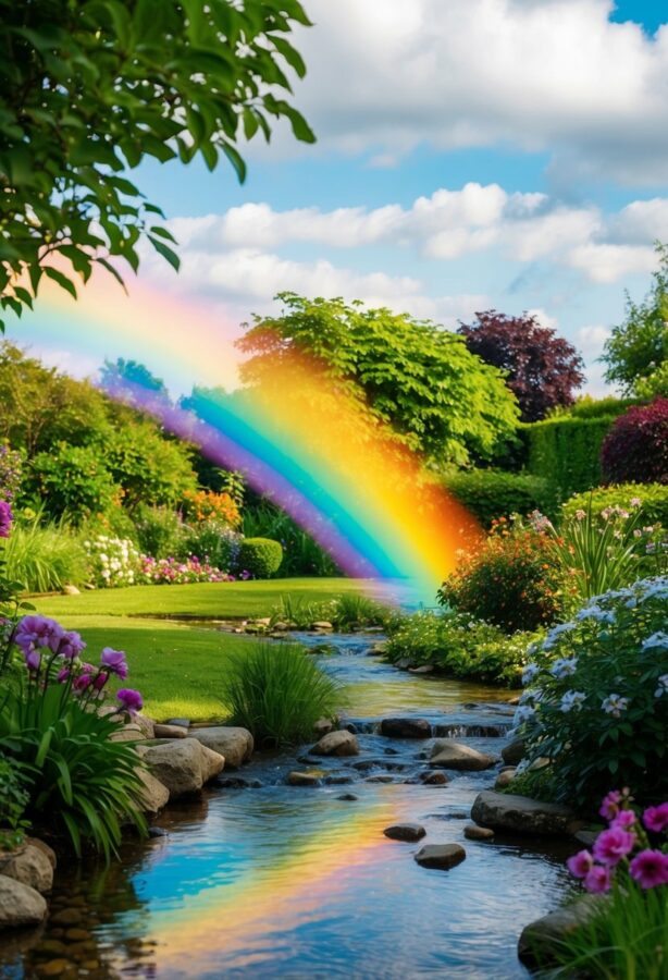 A serene garden with a colorful rainbow stretching across a peaceful stream, surrounded by lush greenery and blooming flowers
