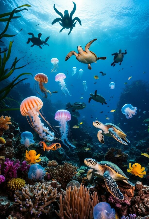 A diverse array of Pacific Ocean creatures, including jellyfish, octopuses, and sea turtles, swimming among vibrant coral reefs and kelp forests
