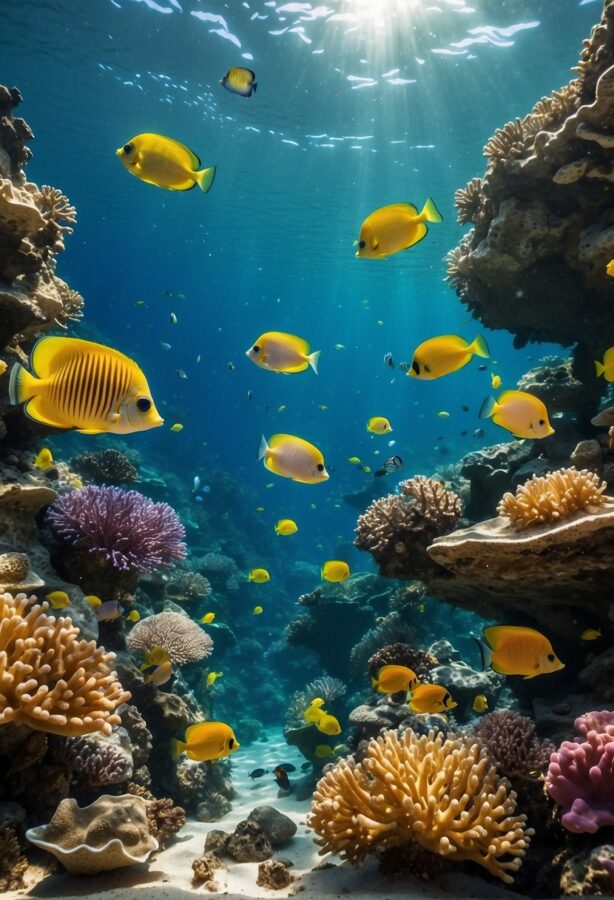 A vibrant coral reef bustling with bright yellow fish.