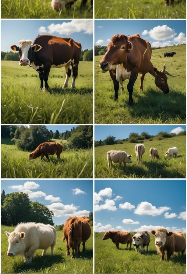 A collage showcases various cattle in a lush, sunlit pasture; from top left to bottom right, there are images of a cow looking directly at the camera
