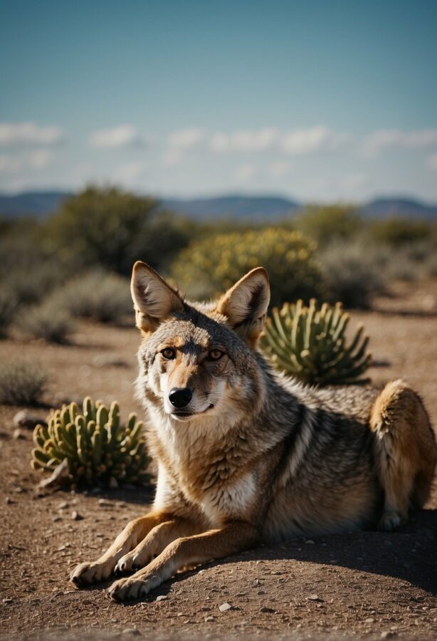 Coyotes roam the open plains of the Panhandle, under a vast Texas sky, with scrub brush and cacti dotting the landscape
