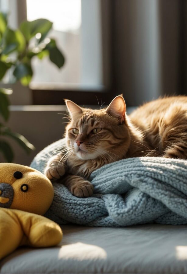 Pets relax in cozy corners, surrounded by soft blankets and toys. A cat naps in a sunlit window, while a dog curls up in a cushioned bed