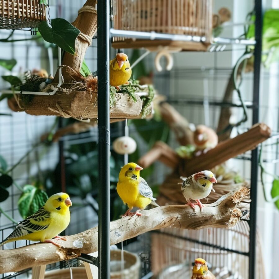 Norwich Canary cage adorned with natural perches and interactive toys.