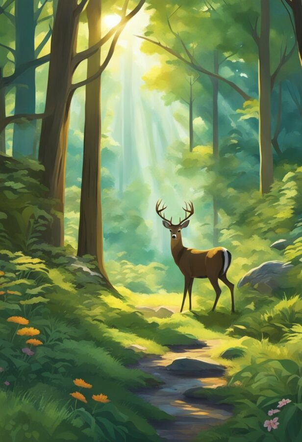 A painting portraying a solitary deer standing beneath a canopy of trees in a serene forest setting.