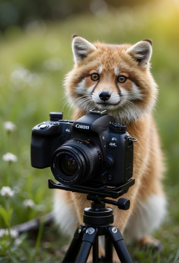 A red fox standing behind a tripod-mounted camera, giving the illusion that it is about to take a picture.