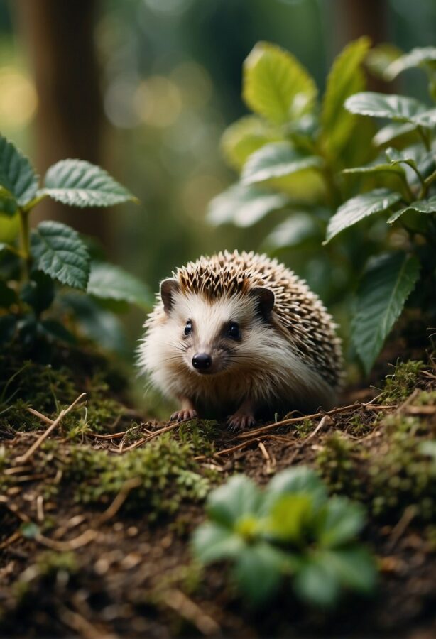 A small hedgehog looks up curiously from the forest floor, surrounded by a bed of moss and understory greenery.