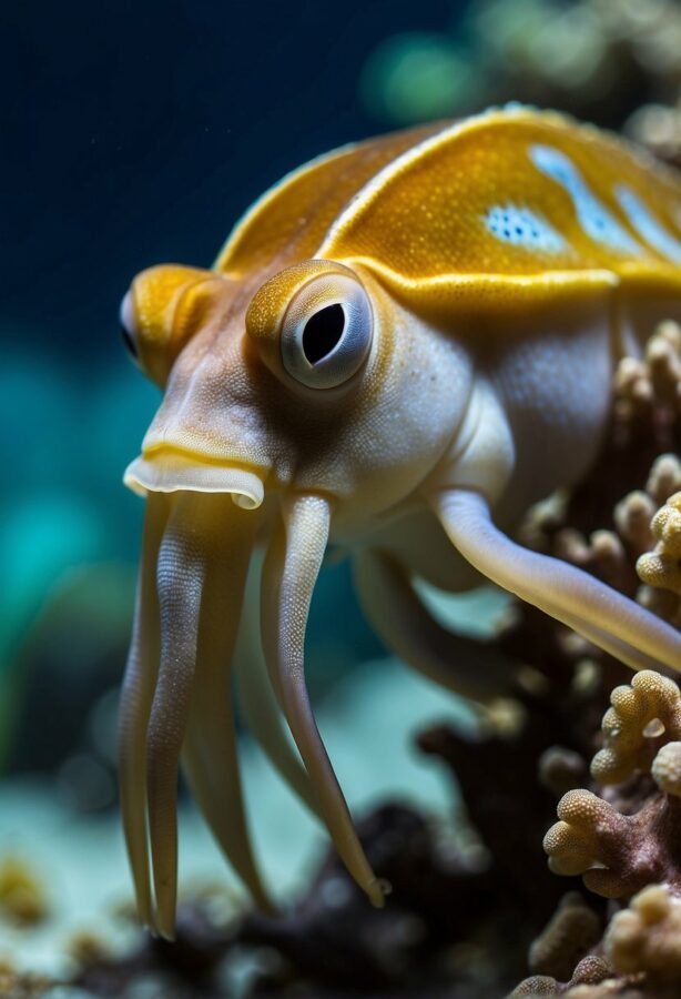 A cuttlefish with a captivating golden-brown hue is poised against a backdrop of coral, its large, W-shaped pupil and textured skin in sharp focus. 