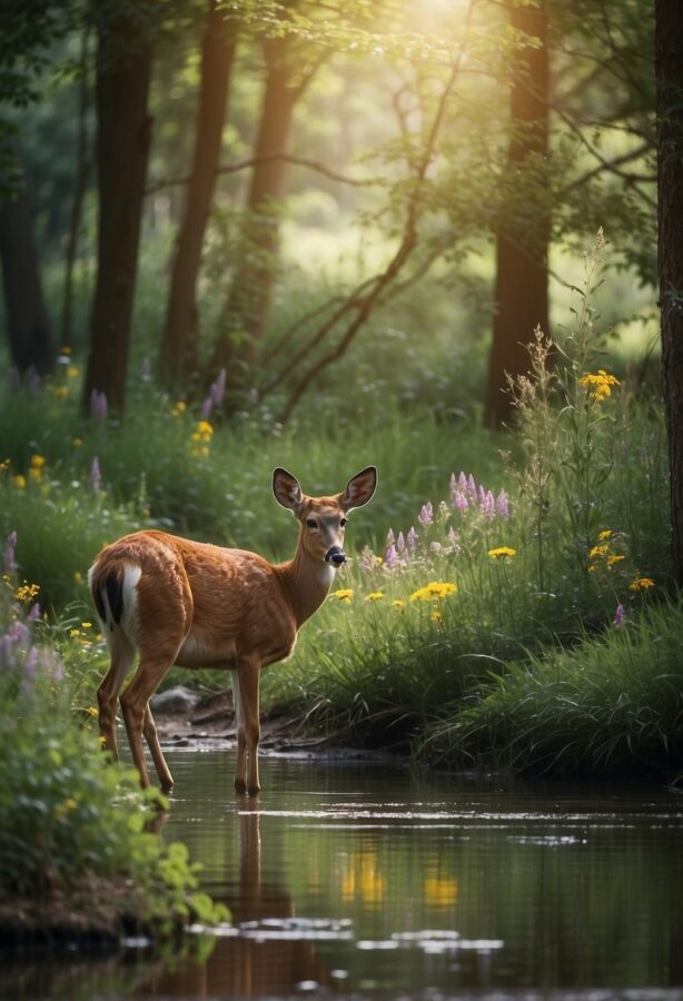 A majestic deer stands amidst tall trees in a tranquil forest setting, dappled sunlight filtering through the foliage.