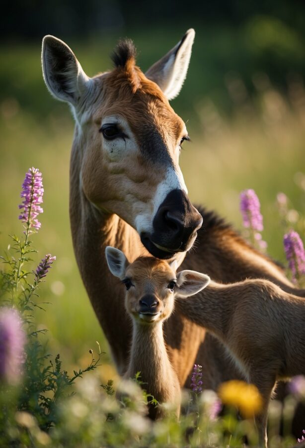 A gentle-eyed deer and her fawn standing amidst tall grass, with purple flowers and sunlight in the background.