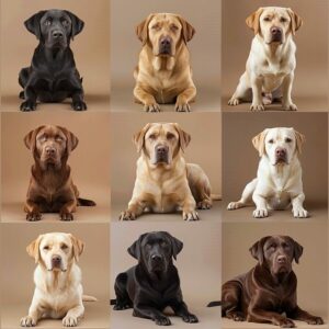 Labrador Terriers displaying diverse coat colors and textures.