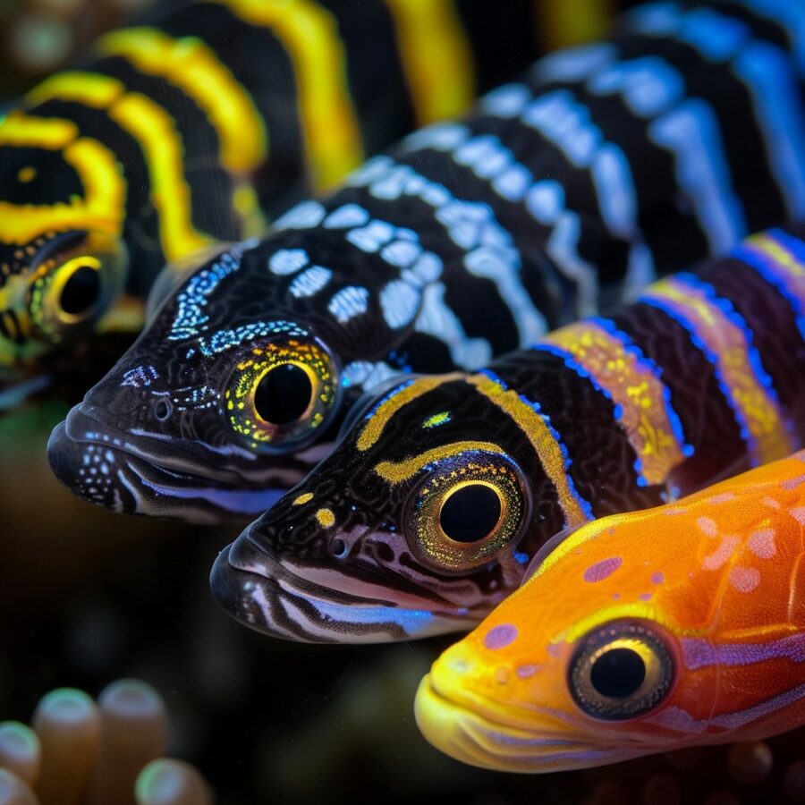 Zebra Eel displaying vibrant color varieties with different patterns and scales.