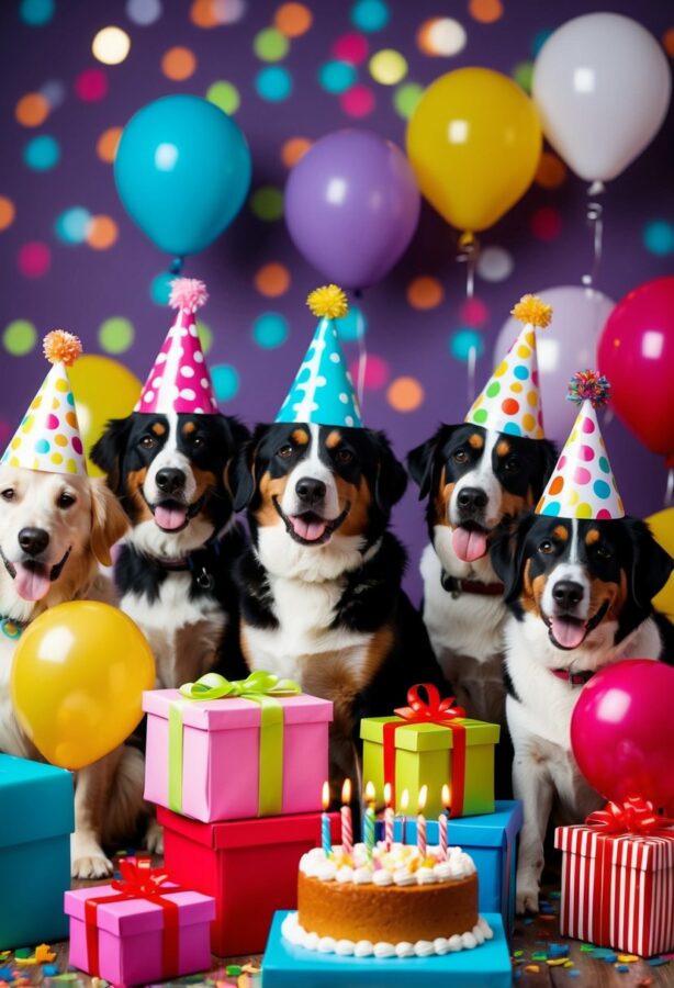 Colorful dog birthday party celebration with gifts, cake, balloons, and confetti.