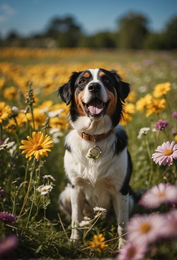 A joyful dog sitting amidst a burst of colorful flowers, its eyes sparkling with happiness and curiosity.