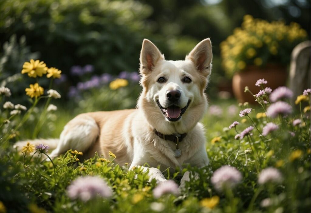 A dog lying in a lush, green garden surrounded by blooming flowers, while natural flea and tick repellent products are placed nearby