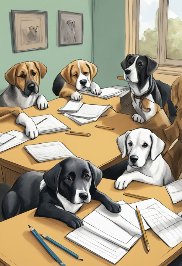 A humorous digital painting of dogs sitting at desks in a classroom setting