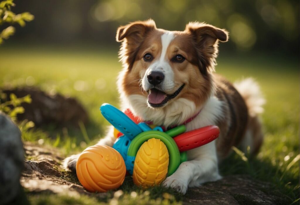 Colorful pet toys made from recycled materials. A happy dog playing with eco-friendly products. Displayed in a sustainable, nature-inspired setting