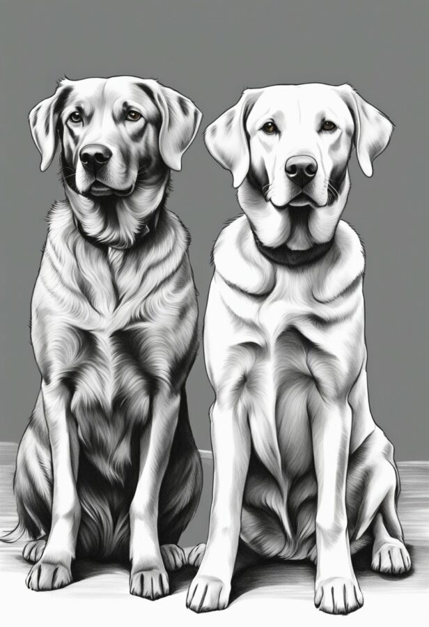 Dogs Drawing: A detailed sketch of two Labrador Retrievers sitting side by side