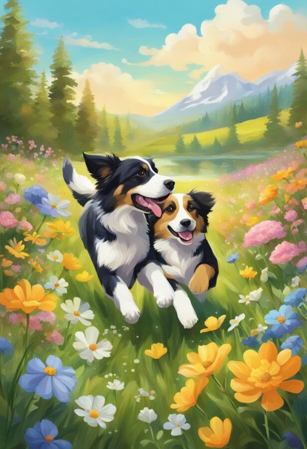 A vibrant painting of two dogs