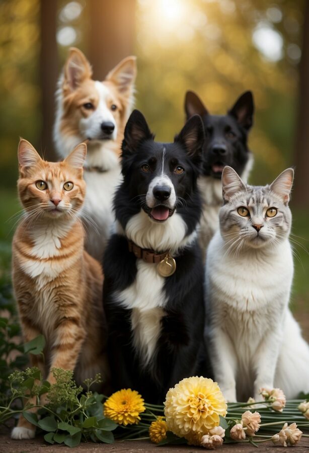 A group portrait of two cats and three dogs sitting together surrounded by yellow flowers, with a softly blurred background.