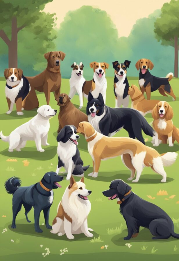 An illustration of a diverse group of dogs in a park setting