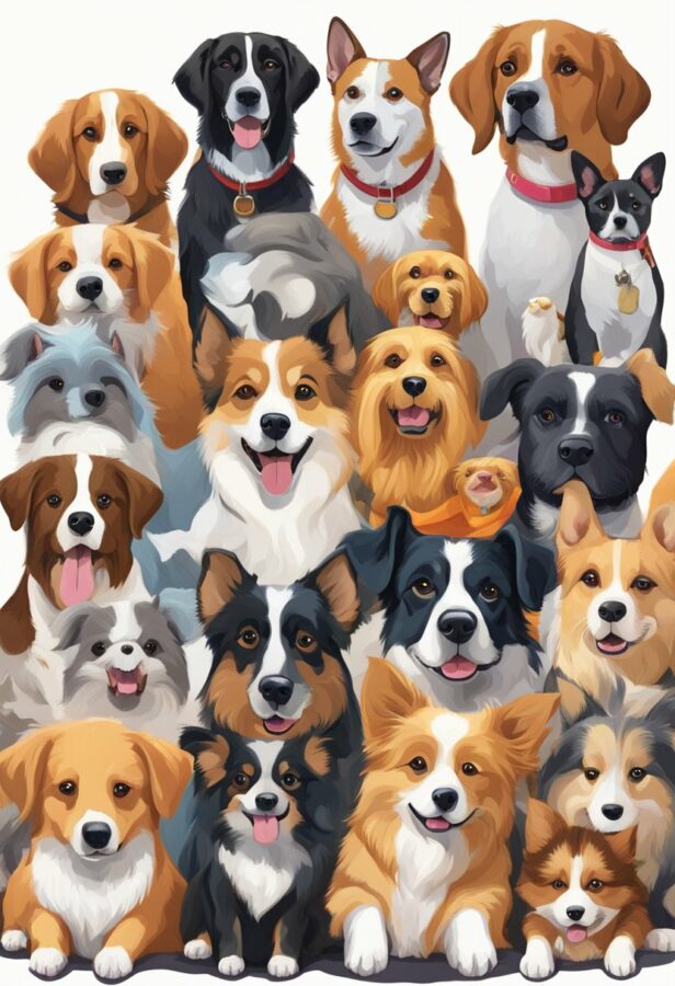 A collection of dogs of various breeds and colors grouped together