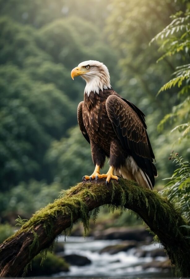 An eagle perched majestically on a moss-covered branch above a flowing river in a dense forest.