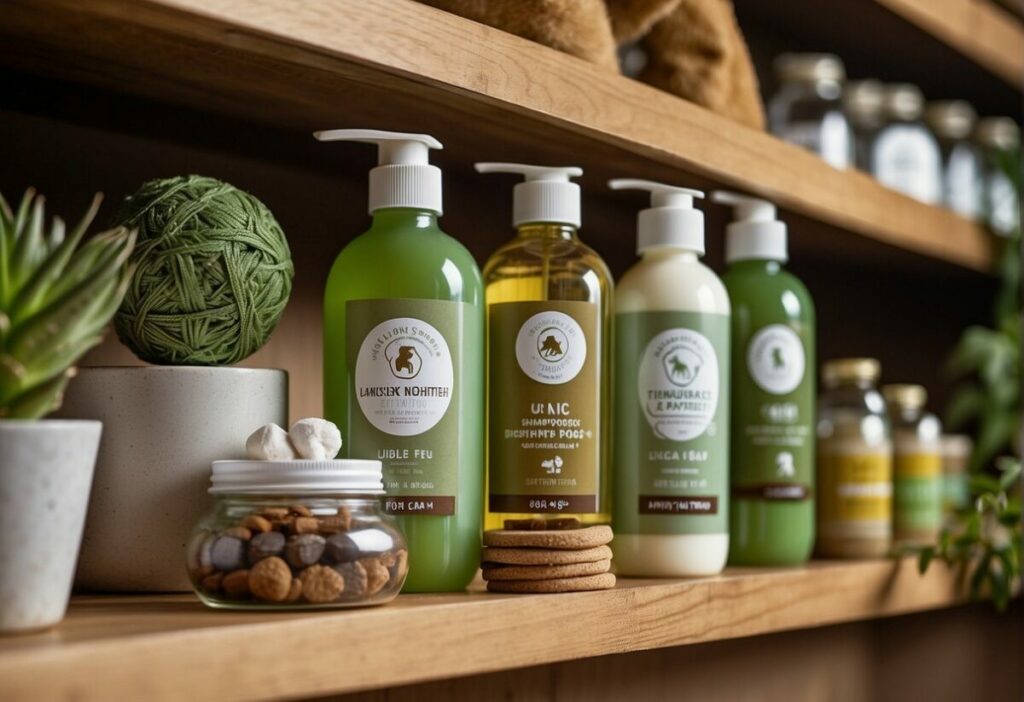 A variety of eco-friendly pet products displayed on a shelf, including biodegradable poop bags, natural pet shampoos, and organic pet treats