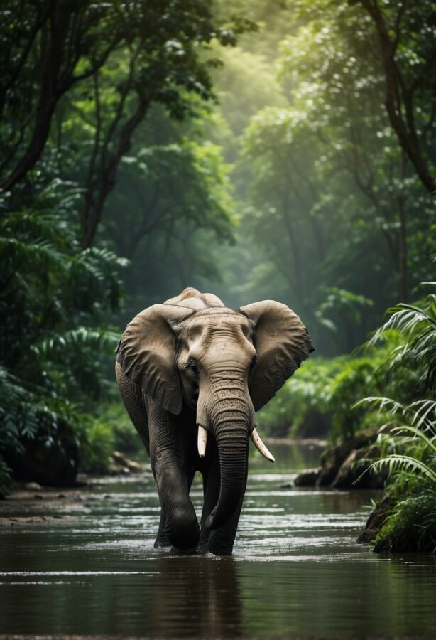 A majestic elephant standing prominently on a forest path, enveloped by the dense foliage and gentle mist of its habitat.