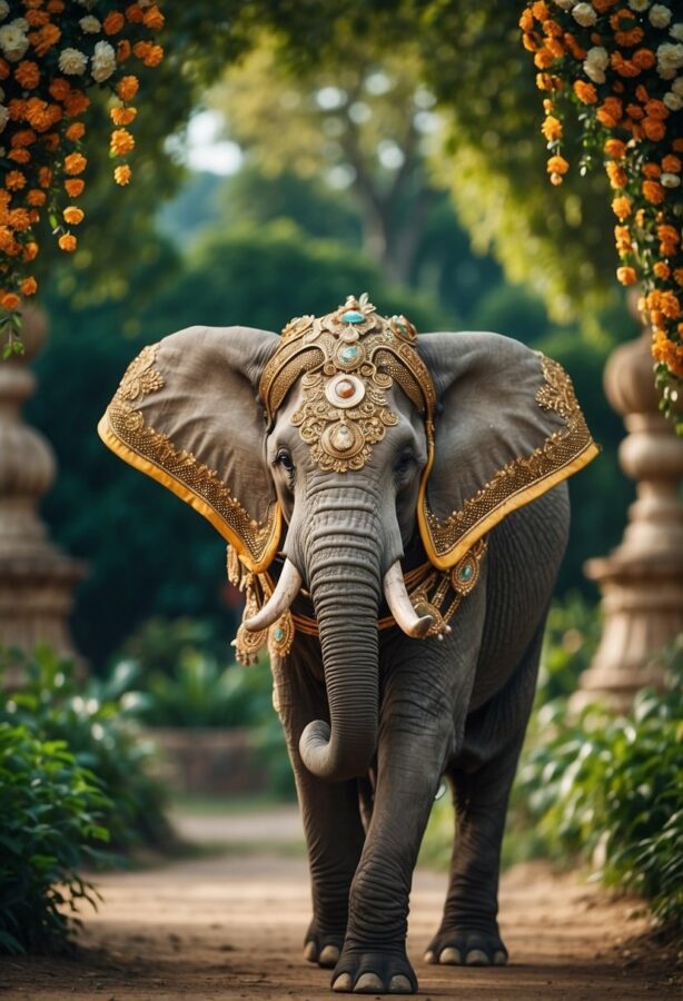 An ornately adorned elephant with a decorated headpiece and coverings walks down a pathway flanked by greenery.