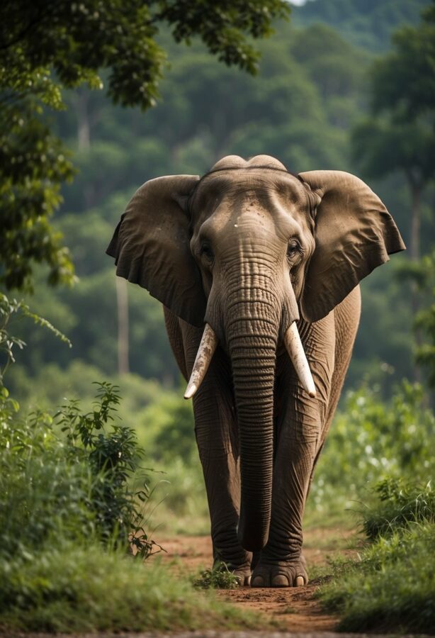 An African elephant walking towards the camera on a dirt path surrounded by greenery.