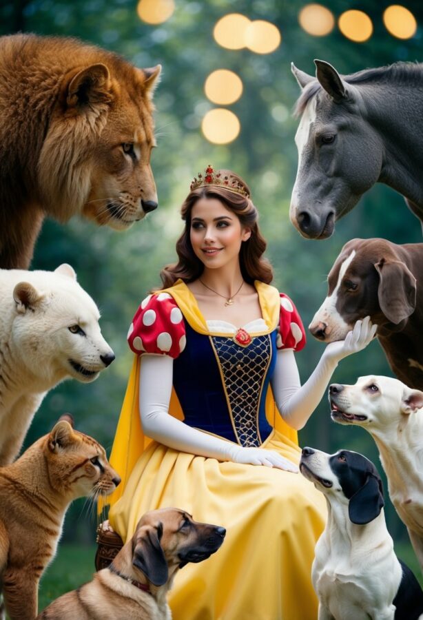 A princess surrounded by a variety of animals, engaging in conversation and forming bonds with each one